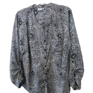 Kim Rogers Women Paisley Blouse Sz 3X Long Sleeve Roll tab Button-Up Black White